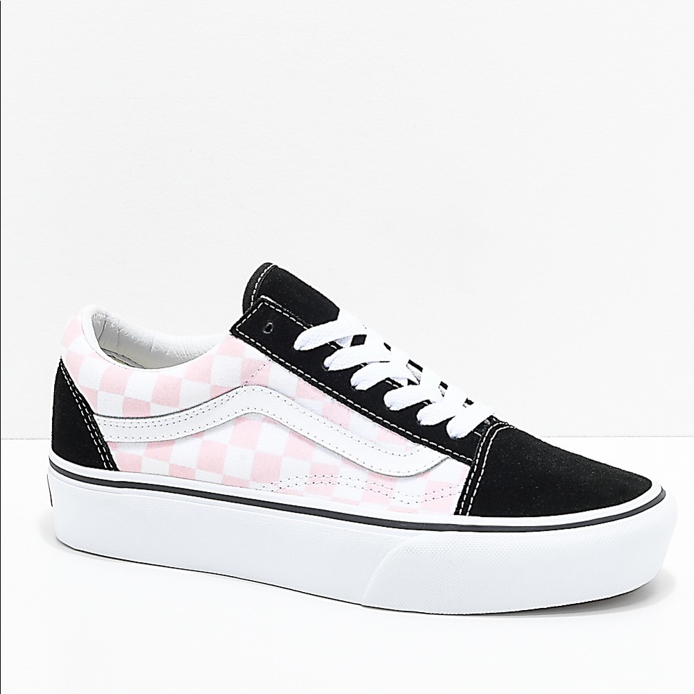 Light pink/black and white checkered vans!Size 8.5